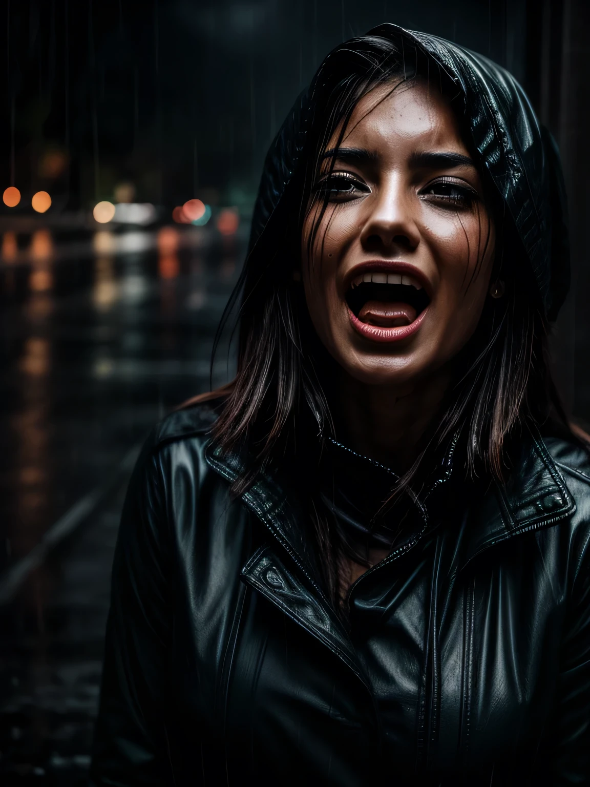 woman screaming in the rain, wet, dark sensual image, portrait style