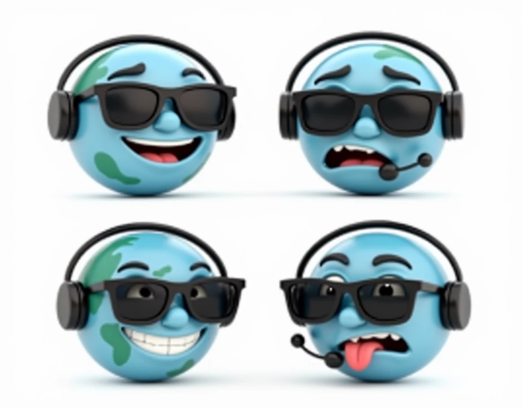 Create an avatar of the Earth in a 3D animation style, with a black headset and dark sunglasses. The Earth should have a face that expresses four different emotions across four images, and the background for each image should be white:

Happy: The Earth should be smiling, with a cheerful expression. The eyes (behind the sunglasses) should be slightly raised to convey happiness.

Angry: The Earth should have a furrowed brow, with a scowl or frown. The sunglasses can tilt slightly downward to show a more intense gaze.

Surprised: The Earth should look wide-eyed (behind the sunglasses) with a slightly open mouth as if gasping. The sunglasses can be slightly askew to emphasize surprise.

Sad: The Earth should have a downturned mouth with a tear coming from under the sunglasses, showing a sorrowful expression.

Each image should maintain the black headset and dark sunglasses as constant features, and the white background should provide a clean, simple contrast to the animated 3D Earth.
