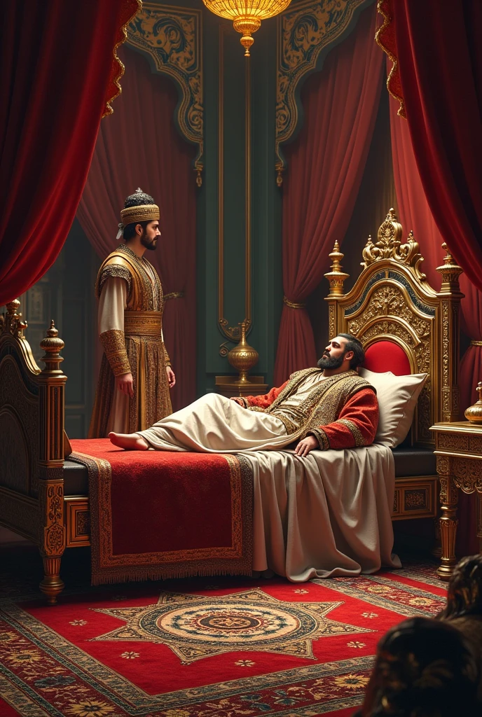 Persian king in his luxurious bedroom lying on his bed an officer standing beside the bed also add carpets gold pieces and vases