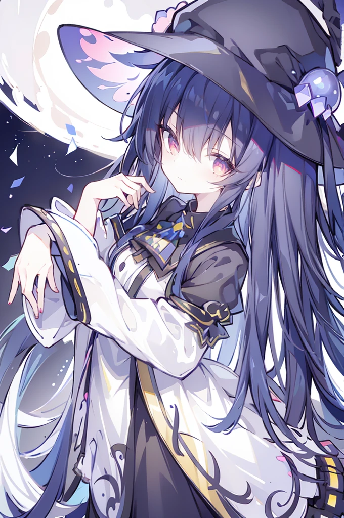 oung Girls,Humanity,A magician always smiles,big witch hat,cute,dark blue long hair,The eyes are dull,The bangs are heavy,Thin eyebrows,fantasy,intake,Double teeth,Star Theme,Constellation pattern,Solid color clothetal decoration,cloak,A bit of a dark atmosphere,A little crazy smile,When the big moon shines outside at night,blood,Hair black star embellishment,Short tie,No nails,High waist skirt,Bell sleeves,Long-sleeved shirt,Black tie,low risk,gentlemen。Mist、Yellow and white effect，Shocking pink as an accent color