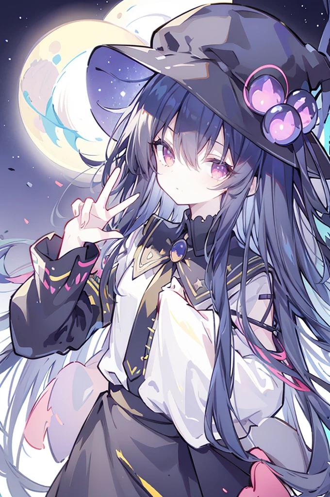 oung Girls,Humanity,A magician always smiles,big witch hat,cute,dark blue long hair,The eyes are dull,The bangs are heavy,Thin eyebrows,fantasy,intake,Double teeth,Star Theme,Constellation pattern,Solid color clothetal decoration,cloak,A bit of a dark atmosphere,A little crazy smile,When the big moon shines outside at night,blood,Hair black star embellishment,Short tie,No nails,High waist skirt,Bell sleeves,Long-sleeved shirt,Black tie,low risk,gentlemen。Mist、Yellow and white effect，Shocking pink as an accent color