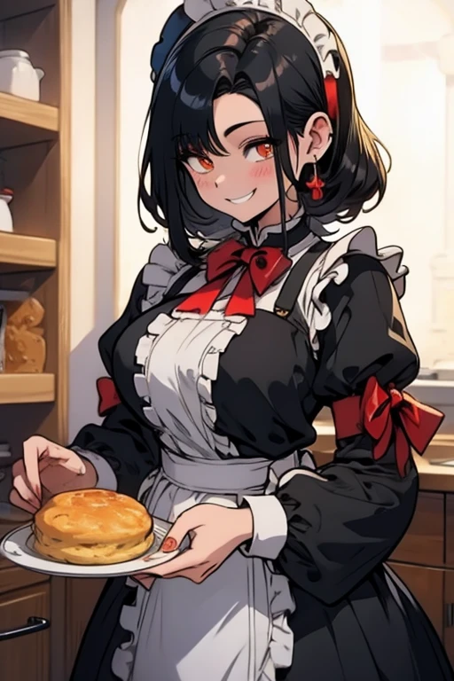 Perfect face Perfect hands. A black haired woman with orange eyes in a Lolita maid uniform is baking scones in a fancy kitchen with a big smile