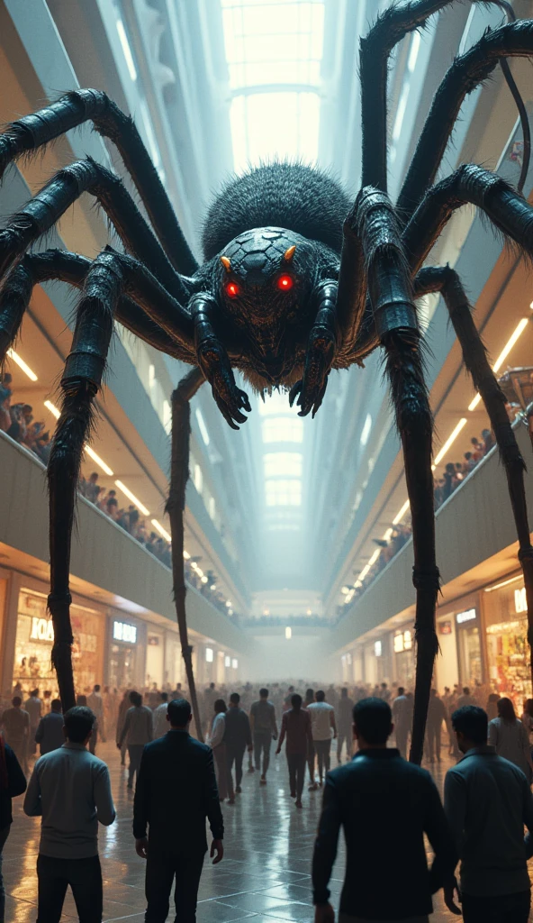 A very big spider is standing in a shopping mall and many people are crowding around him. People are very small compared to spiderman. Everyone is surprised to see that spiderman's body is very big.