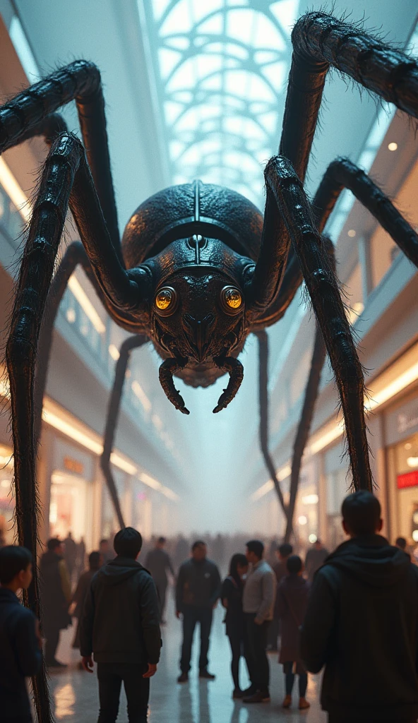 A very big spider is standing in a shopping mall and many people are crowding around him. People are very small compared to spiderman. Everyone is surprised to see that spiderman's body is very big.