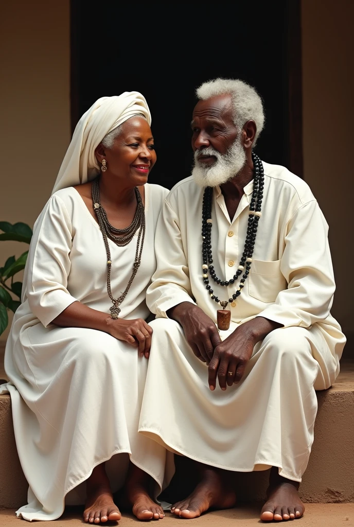 Gradma and grandpa African couple, with white hair and beard, dressed in white and using a pipe, barefoot and sitting, wearing a long string of black and white balls