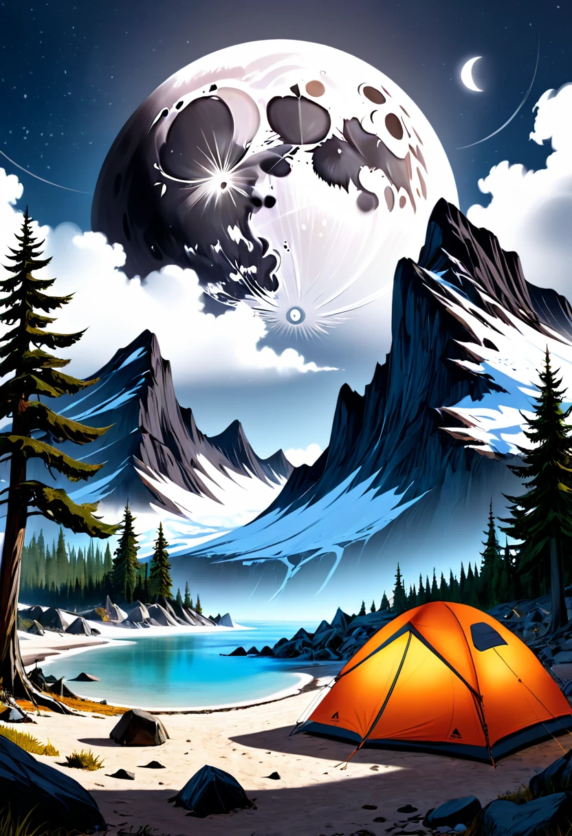 Outdoor Camping, Camping under the double moon, Detailed Matte Painting, Dark color, Fantasy, Intricate details, Splash screen, Complementary Color, Fantasy Concept Art, 8k Resolution Trends on Artstation Unreal Engine 5