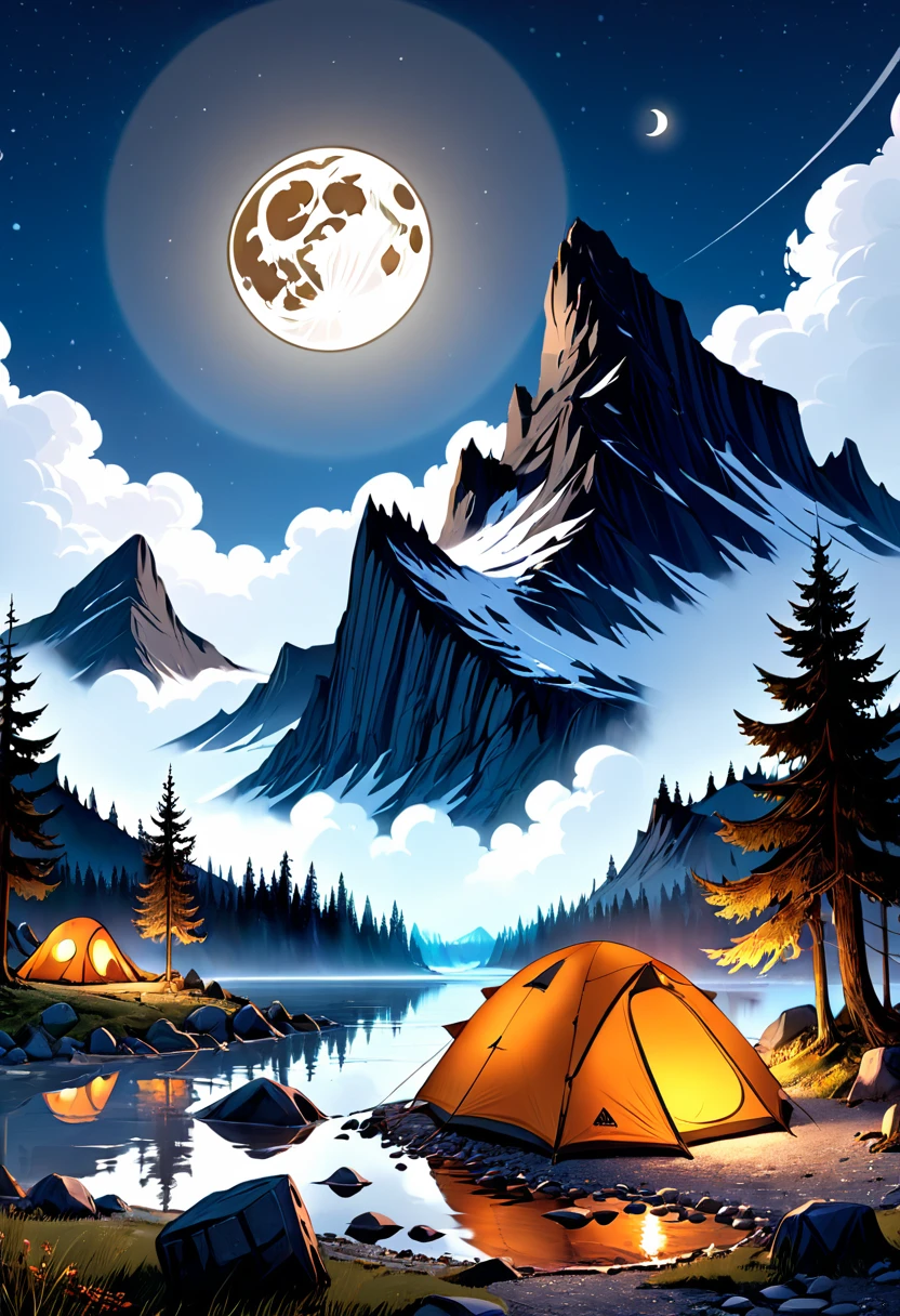Outdoor Camping, Camping under the double moon, Detailed Matte Painting, Dark color, Fantasy, Intricate details, Splash screen, Complementary Color, Fantasy Concept Art, 8k Resolution Trends on Artstation Unreal Engine 5