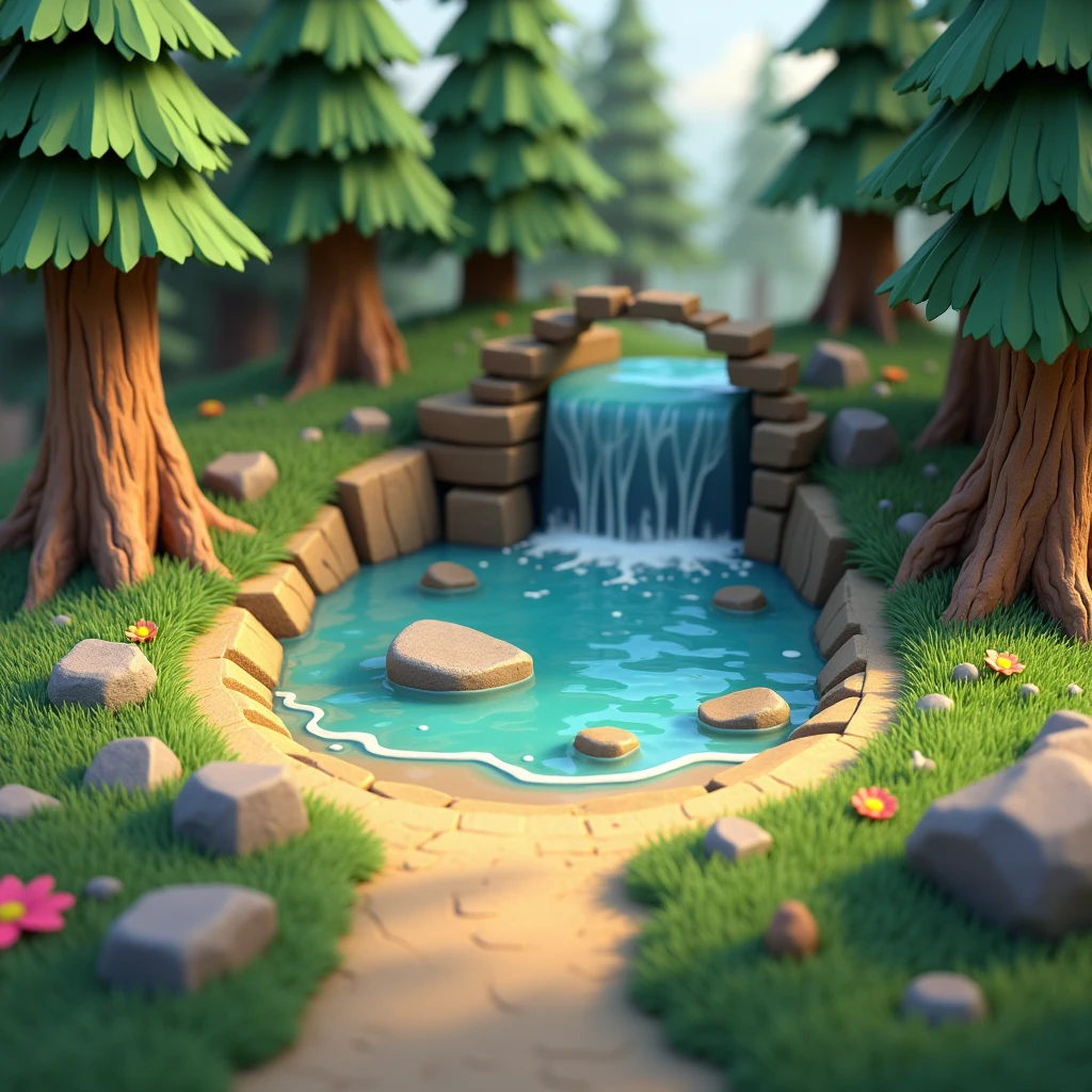 3D model game, Clash of Clan style, circular land model with small flowing rocks, small waterfall in old pine forest, some rotten trees with moss, flowers and grass growing. Ready to play.