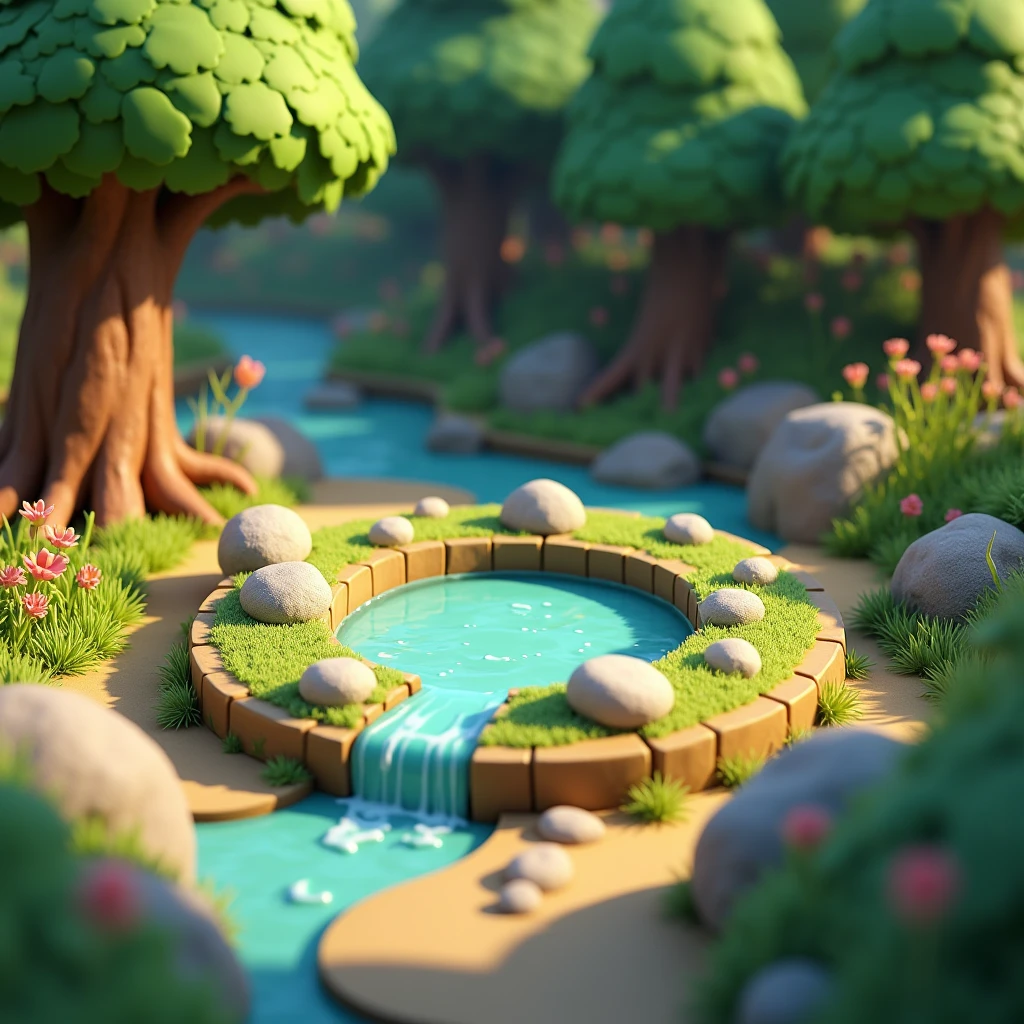 3D model game, Clash of Clan style, circular land model with small flowing rocks, small waterfall in old pine forest, some rotten trees with moss, flowers and grass growing. Ready to play.
