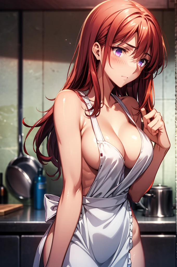 Masterpiece,Highest quality,8k,Ultra-high resolution,appropriate margins,Perfect hands,Perfect Fingers,Perfect human body,Perfect Eyes,((Cowboy Shot)),BREAK,Bright expression,(1 person),(The most beautiful woman),Slim body,((The most extraordinary breasts)),Deep cleavage,Moisturized Skin,Fair skin,BREAK,((Red Hair)),Long Hair,Half Up,BREAK,Thin eyebrows,BREAK,Light purple eyes,BREAK,(Naked Apron),BREAK,Make eye contact with your audience,Embarrassing,kitchen,nsfw
