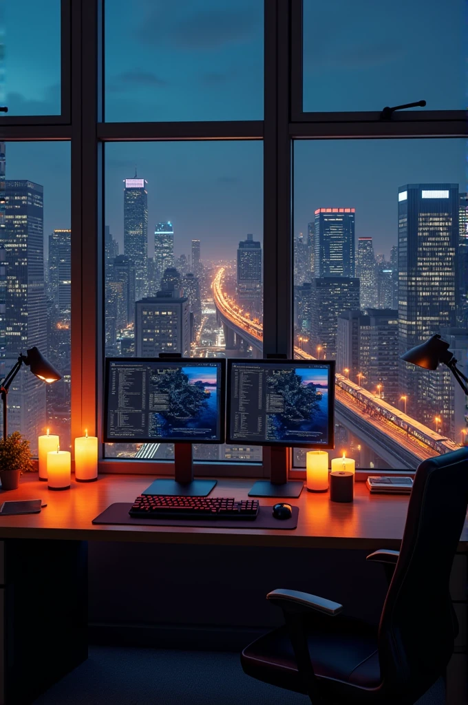 Create a realistic 4K office scene at night with large windows showing a cityscape in 1920x1080 resolution. In the distance, add a monorail with a passing train. The city lights outside should include some flickering lights in the buildings for added realism. Inside the room, place a modern desk facing the windows with two computer monitors (showing the back of the monitors to the camera). Include a keyboard and mouse on the desk. Enhance the warmth of the room by making the candles on the coffee table lit, casting a soft, warm glow. The overall atmosphere should feel cozy, yet modern, with a mix of live elements and technology.