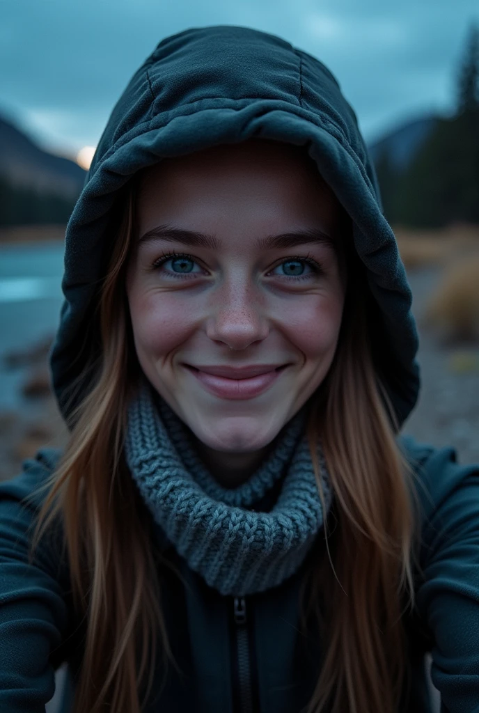 Veronica Cipher ((upper body selfie, happy)), masterpiece, Best quality, ultra detailed, One, on open air, (night), Mountains, nature, (stars, moon) funny, happy, backpack, sleeping bag, camp stove, water bottle, mountain boots, gloves, sweater, It has, flashlight, the forest, rocks, River, Wood, smoke, shadows, contrast, clear sky, analog style (look at the viewer:1.2) (skin texture) (granularity:1.3), (warm shade, warm tone) :1.2), Close-up, cinematic light, Side lighting, ultra high resolution, best shadow, RAW, upper body, wear a pullover, Kodak Vision 3,