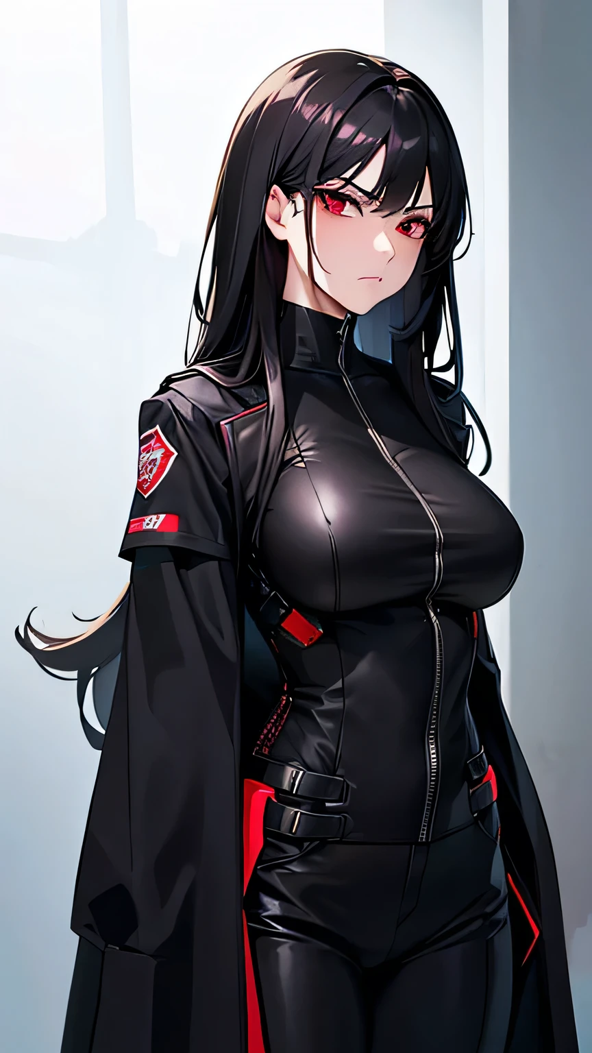 Highest quality, Soft Light, Ultra-high resolution,Wild adult woman, alone, sexy, (Stern face), (Red eyes), Beautiful face in every detail,(High resolution detail of human skin texture), (Black irregular long hair), Black coat,Suit pants,A mercenary woman,（have a gun in hand）