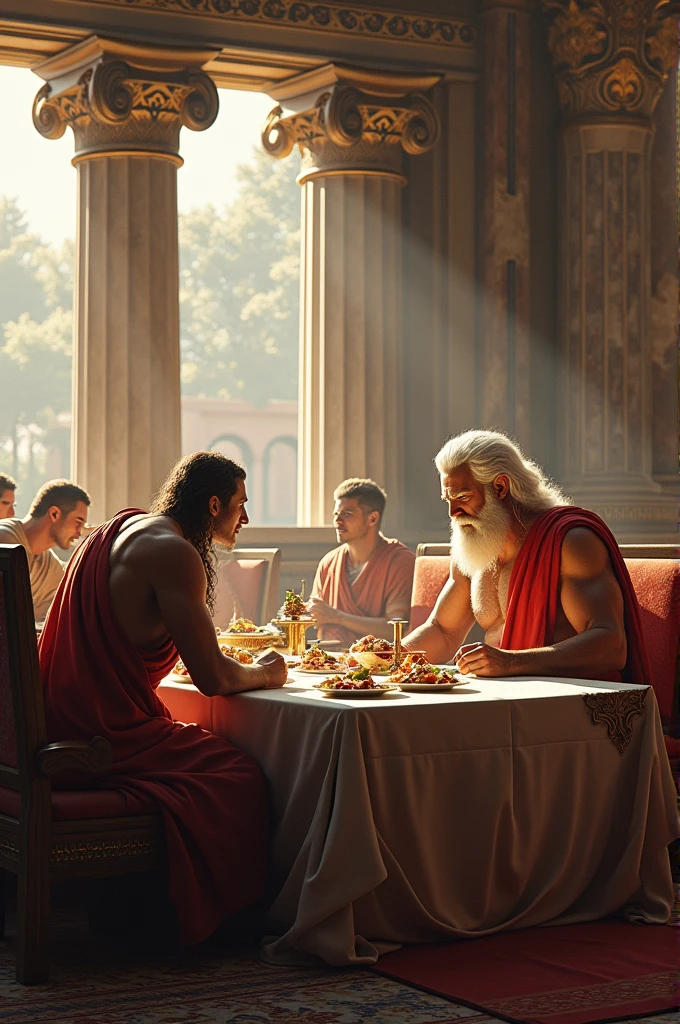 King Lycaon and Zeus alone at a banquet in the Greek Palace