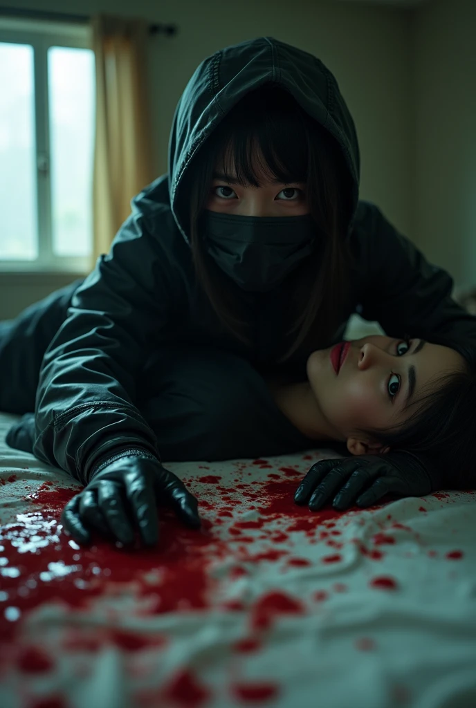 korean girl, (behind corpse, holding knife), black surgical mask, black gloves, room full of blood, black raincoat, trucker hat, holding knife, black gloves, woman on top, behind corpse, blood splatter, on the bed, looking at viewer, mass murderer, killer, long bangs, blood splatter, dark atmosphere, cinematic lighting, atmospheric realistic, light from the window, close-up,
