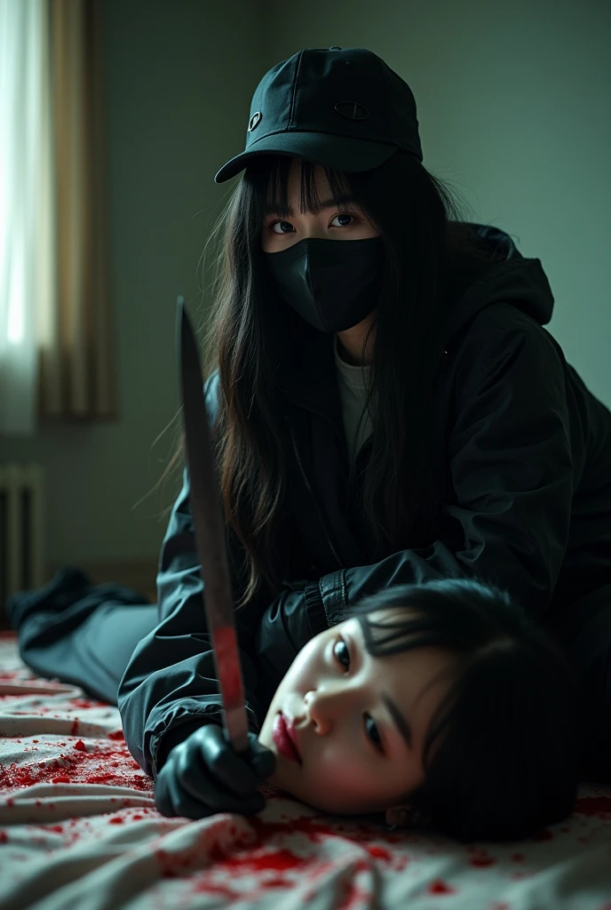 korean girl, (behind corpse, holding knife), black surgical mask, black gloves, room full of blood, black raincoat, trucker hat, holding knife, black gloves, woman on top, behind corpse, blood splatter, on the bed, looking at viewer, mass murderer, killer, long bangs, blood splatter, dark atmosphere, cinematic lighting, atmospheric realistic, light from the window, close-up,