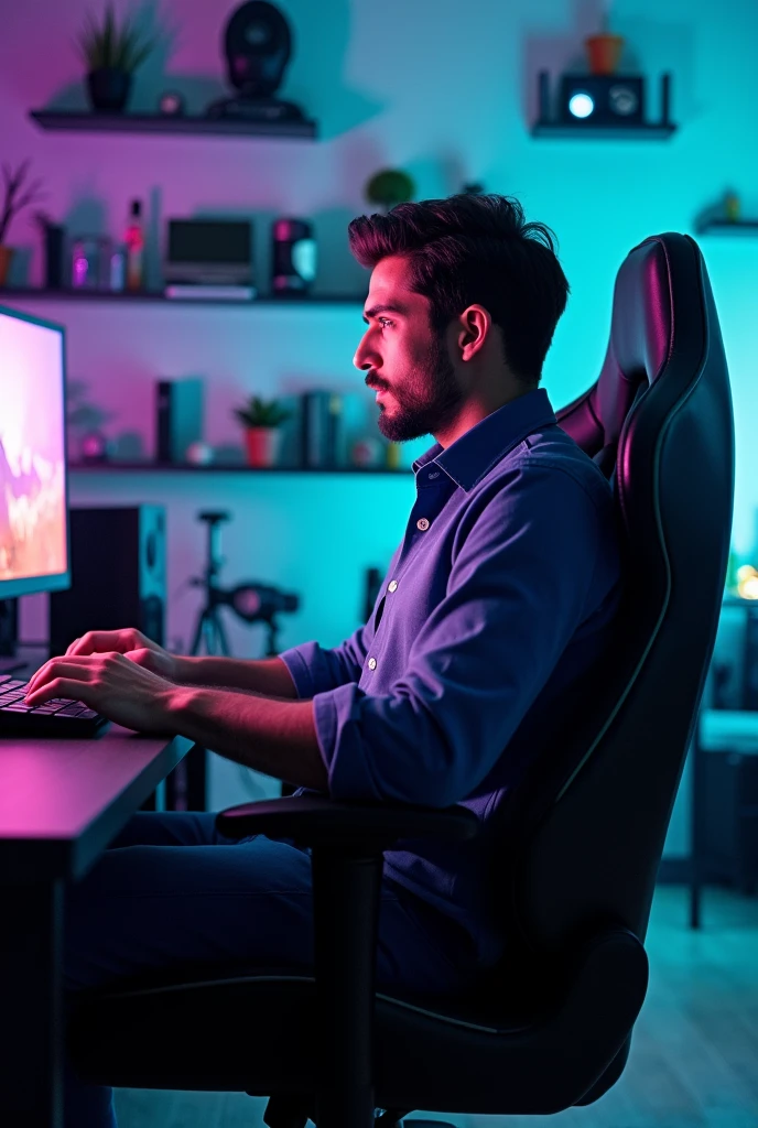 A man doing stream, sitting on gaming chair, in gaming room, back right side fullroomview