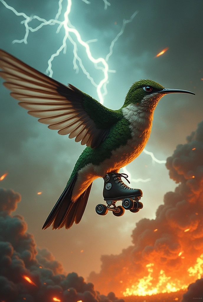 Angry hummingbird on its back on roller skates with thunder and fire in the background