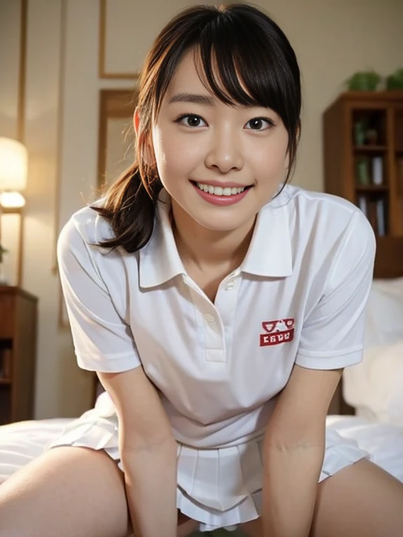(Masterpiece, Best quality:1.3), (Ultra realistic, Photo-realistic:1.2), Natural light, 28 years old actress, Japanese 2 women, Neat and clean, (White tennis uniform, White short-sleeve polo shirt with darknavy line collar:1.1), (unbutton:1.3), (White pleated skirt:1.1), white sock, (ponytail:1.2), (Beautiful face), Oval face, clear, Beautiful eyes, Kind eyes, Clear skin, Small face, Beautiful mouth, Small mouth, Natural makeup, Approachable, (nsfw:1.1), Seductive smile, (Seductive pose:1.2), (Beautiful thighs:1.1), (Bedroom eyes:1.1), Embarrassed, Blush, Luxury hotel Suite room, On bed, Hidden camera installed in suite room captures obscene reality of girls high school, lesbian couple , 2 girls petting together Pussy, grabbing crotch together, 2 girls erotic hag,
