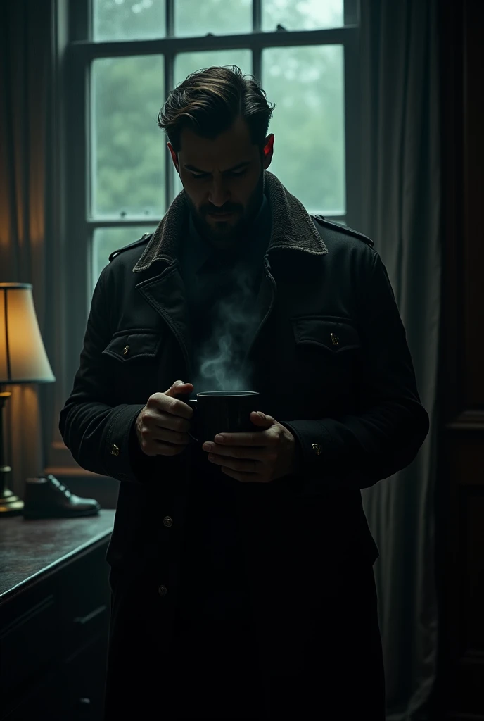 In a detective agency room,A man in a leather jacket stands by the window holding a mug