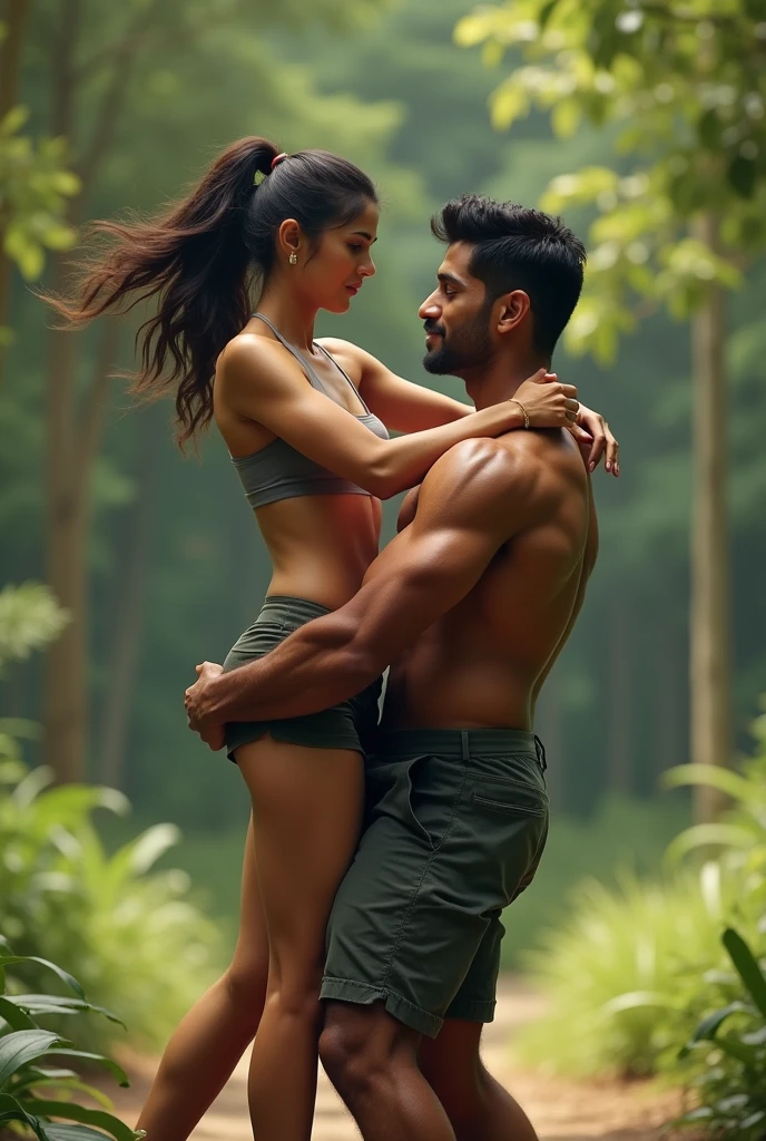 Indian girl with tall muscular athletic body in her mid 20s lift and carry his boyfriend a muscluar mid 20 boy
