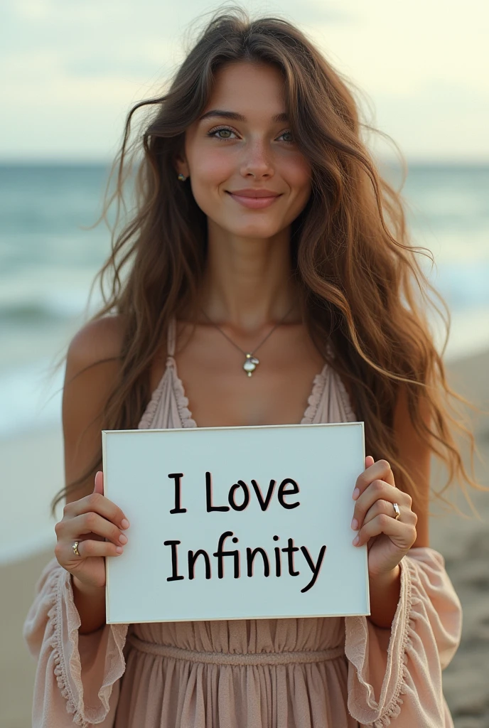 Beautiful girl with wavy long hair, bohemian dress, holding a white board with text "I Love Seaart Infinity" and showing it to the viewer