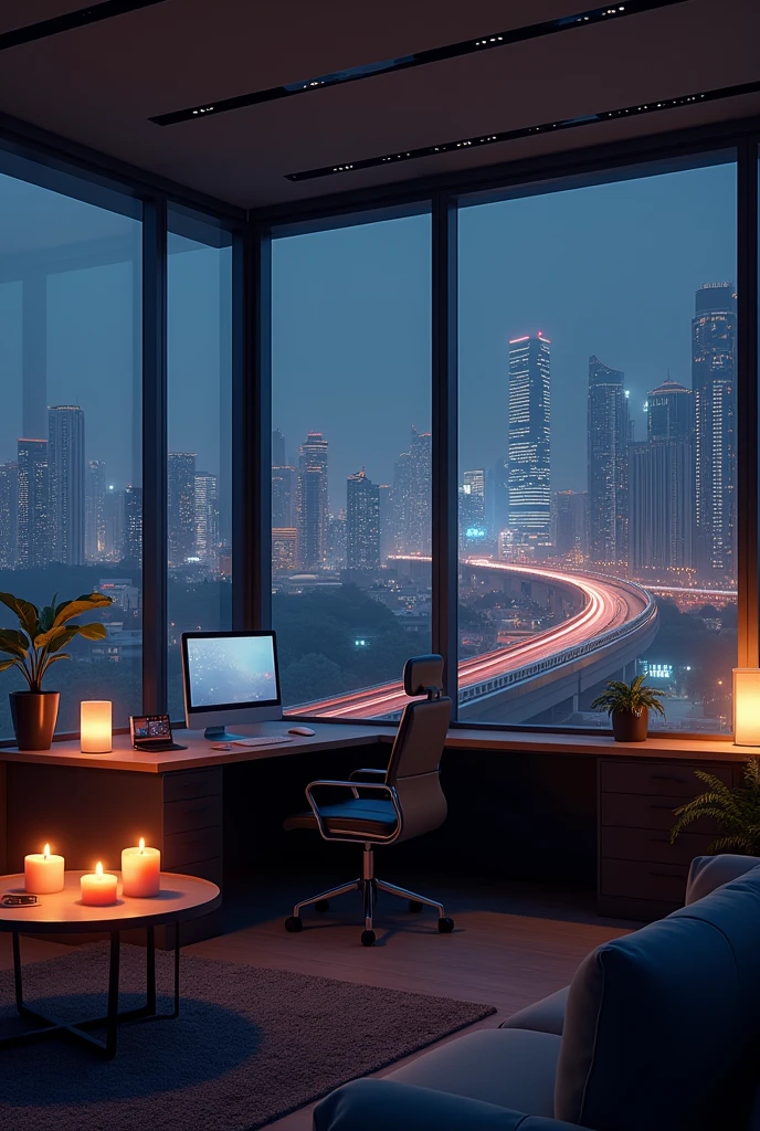 Create a realistic 4K office scene at night with large windows showing a cityscape in 1920x1080 resolution. In the distance, add a monorail with a passing train. The city lights outside should include some flickering lights in the buildings for added realism. Inside the room, place a modern desk facing the windows with two computer monitors (showing the back of the monitors to the camera). Include a keyboard and mouse on the desk. Enhance the warmth of the room by making the candles on the coffee table lit, casting a soft, warm glow. The overall atmosphere should feel cozy, yet modern, with a mix of live elements and technology.