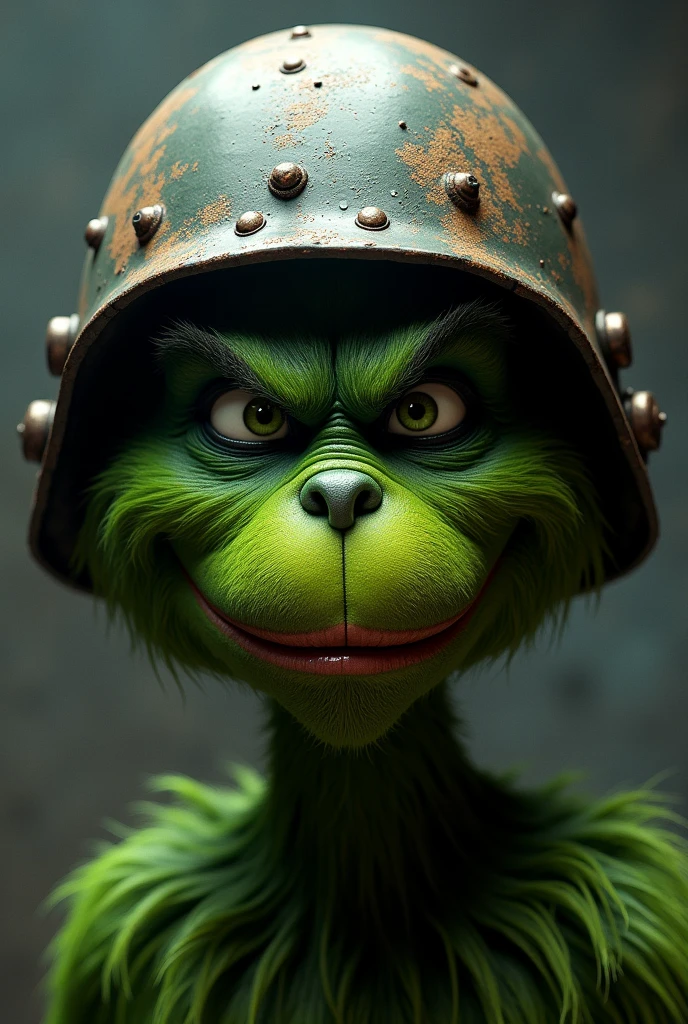 Grinch head with military helmet