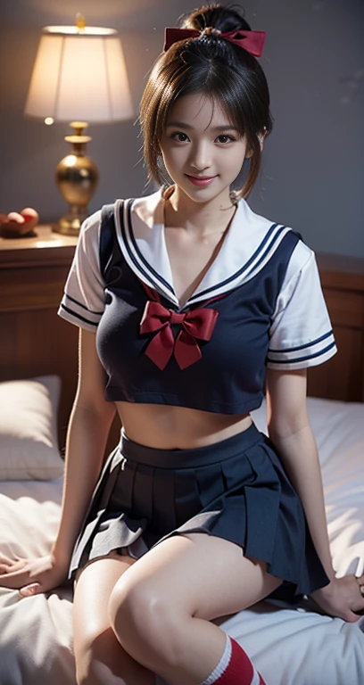 (A youthful gorgeous Japanese idol, wearing Seifuku, Serafuku, school uniform, sailor moon, jk uniform, high-school uniform, pleated mini-skirt, red ribbon, red bowtie, sailor hat, knee-high socks, sitting in cozy bed, legs crossed, night time bedroom,

Easygoing expressions, kind smile, dimpled chins, cute snaggle-tooth, short bob hair ponytail, symmetrical face, realistic detailed face, beautiful detailed eyes, perfect body proportions, hourglass figure, ample round bosoms, medium breasts,

Raw photo, photorealistic, realistic portrait, hyper-realism, high contrast, ultra HD, realistic skin textures, top image quality, top-quality, super high resolution, fine details, very meticulously, masterpiece, vivid colours, medium shot, close-up shot, cowboy shot, High Angle Shot, serene ambience, spot light, bokeh_night_background, SFW, Safe For Work)