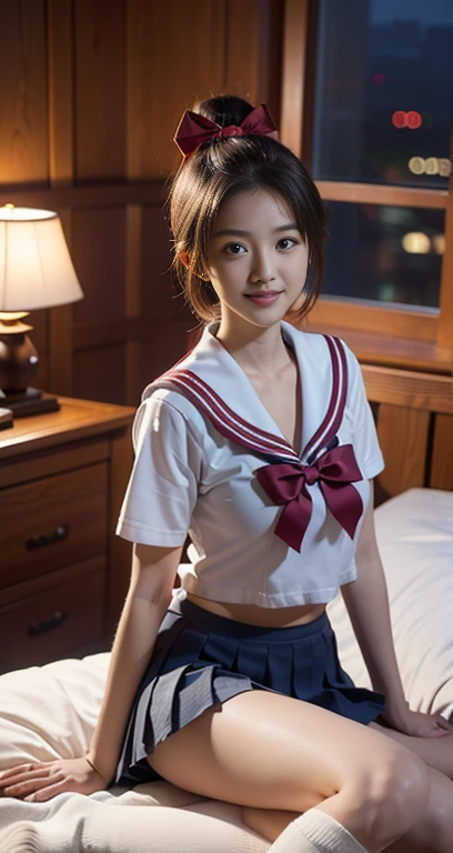 (A youthful gorgeous Japanese idol, wearing Seifuku, Serafuku, school uniform, sailor moon, jk uniform, high-school uniform, pleated mini-skirt, red ribbon, red bowtie, sailor hat, knee-high socks, sitting in cozy bed, legs crossed, night time bedroom,
Easygoing expressions, kind smile, dimpled chins, cute snaggle-tooth, short bob hair ponytail, symmetrical face, realistic detailed face, beautiful detailed eyes, perfect body proportions, hourglass figure, ample round bosoms, medium breasts,
Raw photo, photorealistic, realistic portrait, hyper-realism, high contrast, ultra HD, realistic skin textures, top image quality, top-quality, super high resolution, fine details, very meticulously, masterpiece, vivid colours, medium shot, close-up shot, cowboy shot, High Angle Shot, serene ambience, spot light, bokeh_night_background, SFW, Safe For Work)