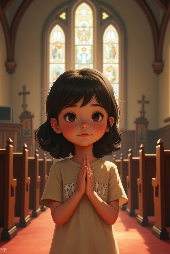 Un fille avec un mot Mialy sur son tee-shirt beige qui est en train de prié à l'église