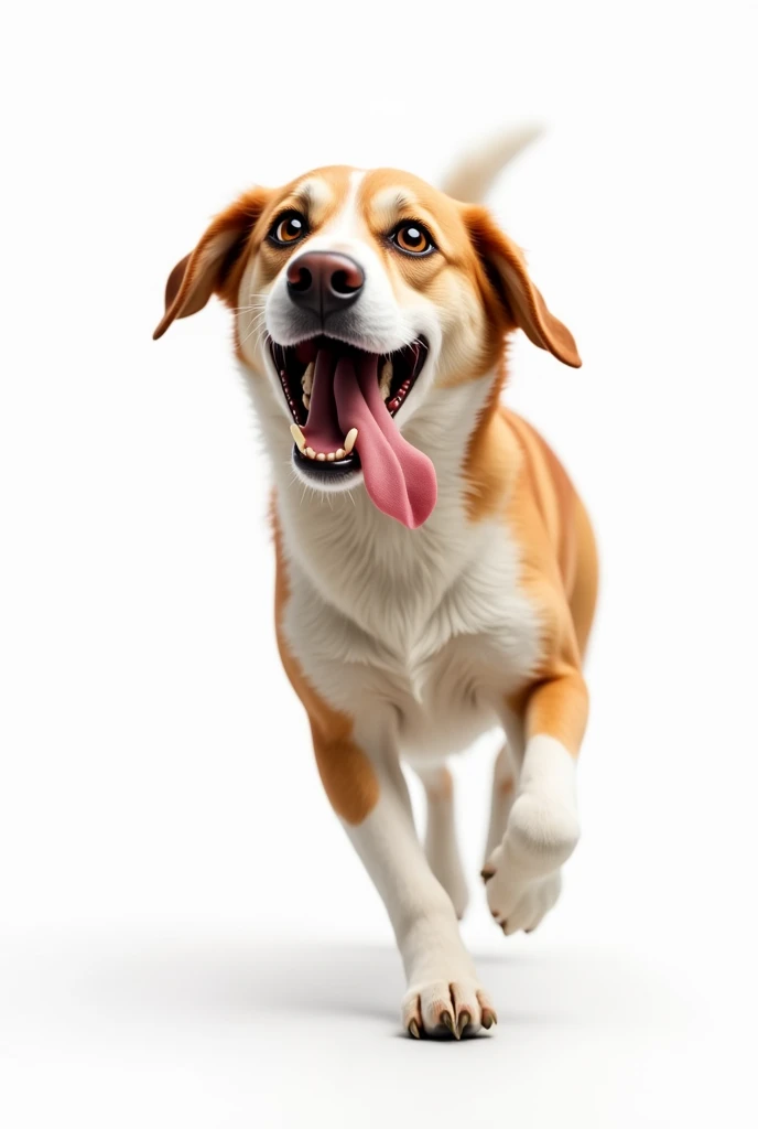 Full body dog walking sideways with mouth open and tongue out with white background
