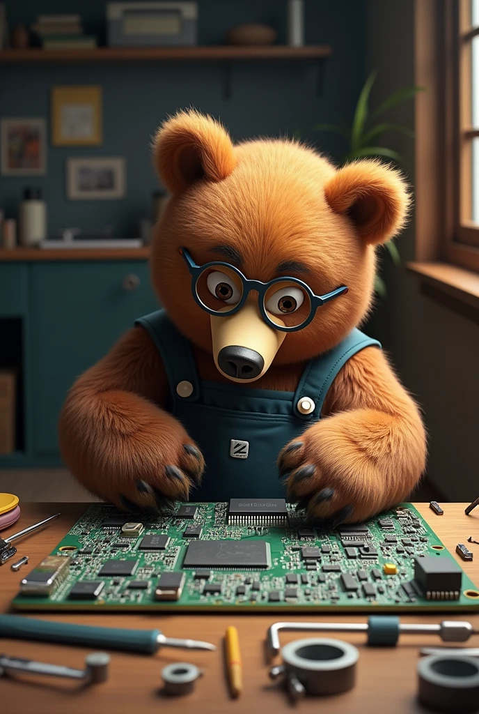 Brown bear wearing overalls and glasses holding tools sitting and repairing a motherboard