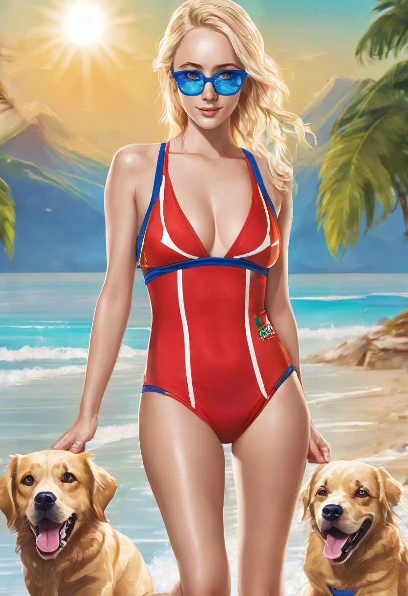 ((masterpiece, Best Quality) swimsuit printed with strong sun beach background with red sneakers blonde blue eyes with green glasses with dog bathing with her 