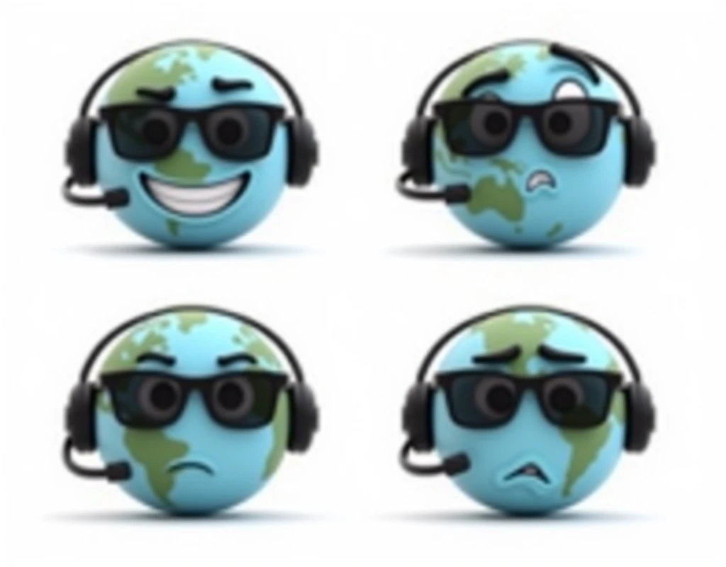 Create an avatar of the Earth in a 3D animation style, with a black headset and dark sunglasses. The Earth should have a face that expresses four different emotions across four images, and the background for each image should be white:
Happy: The Earth should be smiling, with a cheerful expression. The eyes (behind the sunglasses) should be slightly raised to convey happiness.
Angry: The Earth should have a furrowed brow, with a scowl or frown. The sunglasses can tilt slightly downward to show a more intense gaze.
Surprised: The Earth should look wide-eyed (behind the sunglasses) with a slightly open mouth as if gasping. The sunglasses can be slightly askew to emphasize surprise.
Sad: The Earth should have a downturned mouth with a tear coming from under the sunglasses, showing a sorrowful expression.
Each image should maintain the black headset and dark sunglasses as constant features, and the white background should provide a clean, simple contrast to the animated 3D Earth.