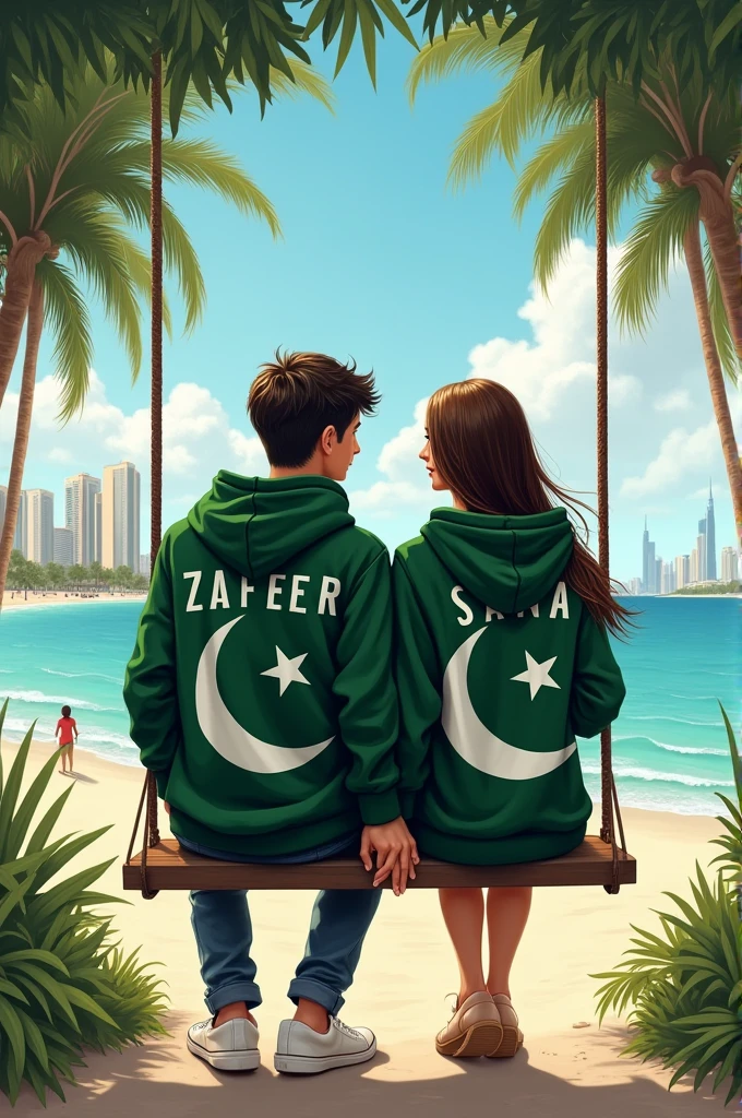 re are 20 Year old couple sitting if front on a swing in the Dubai beach beautiful greenery view, wearing a pakistani plag hoodie,boy with name "ZAFEER" write on it,girl with name "SANA" write on it lovely couple, the background is pakistani plag , holding hands realistic art painting detail photo