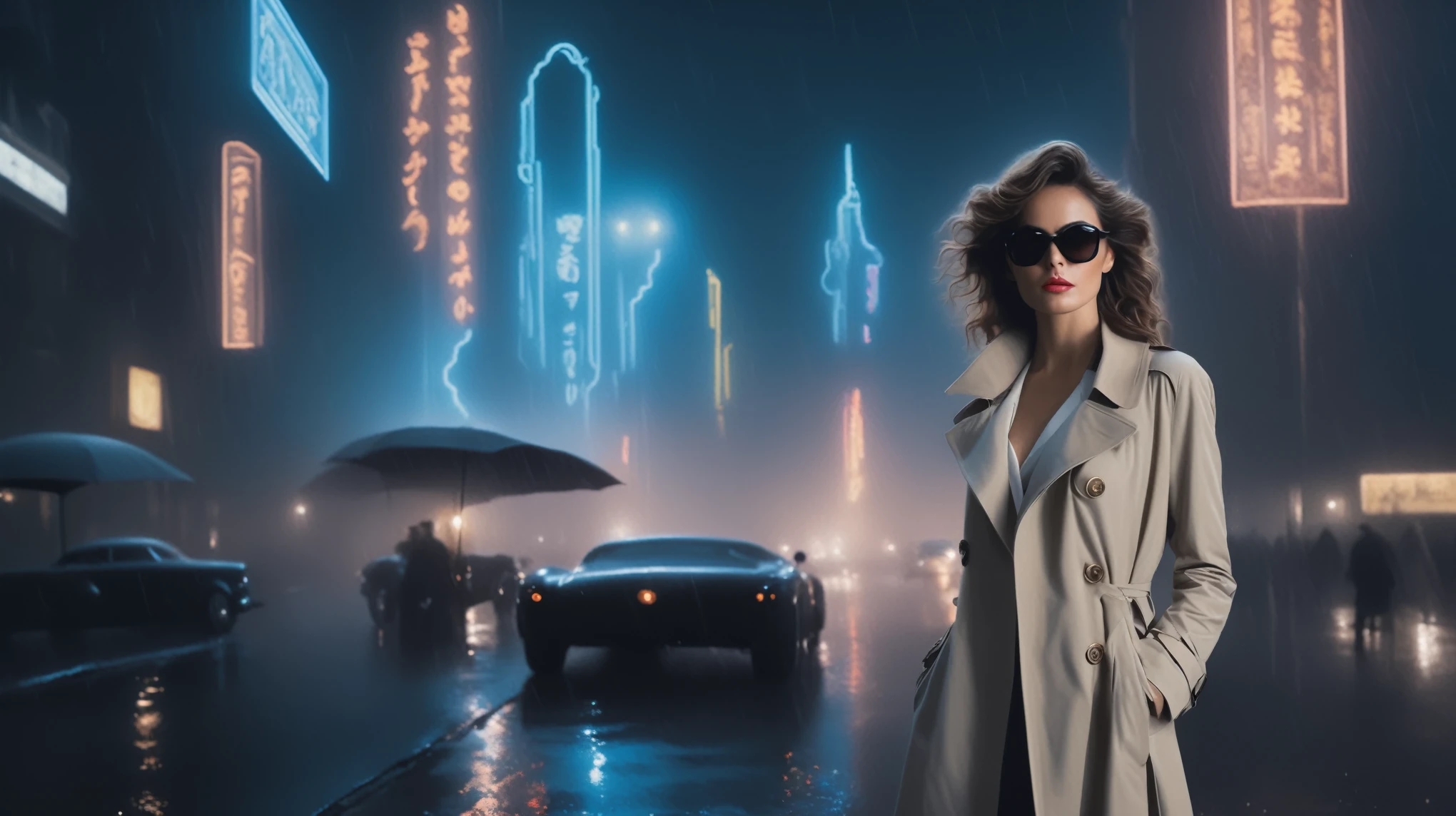 (Hyper-realistic photograph:1.4), Captivating scene under the rain at night on a rooftop, year 1937 cars on street, flying cars, a sexy slim woman, large breast cleavage, with short brown hair, three-quarters view, Black trench coat, (black sunglasses, holding a short gun), with a dark rainy city landscape in background, blue eyes, photography style, (half-body shot:1.3), (contemplative expression:1.2),(well-lit:1.2) Extremely Realistic, serendipity art, (sharp focus:1.3), intricate details, highly detailed, by God himself, original shot, masterpiece, detailed and intricate, Movie Still, guttojugg1