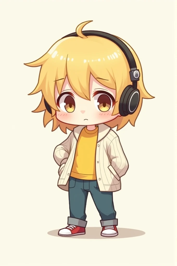 Give me a 2D chibi illustration of a blond boy with white skin and brown eyes. Her hair is shoulder-length and has bangs., and is listening to music. He is wearing a yellow shirt and a white knitted sweater along with jeans and converse-type shoes.. Full body and has a bored expression on his face