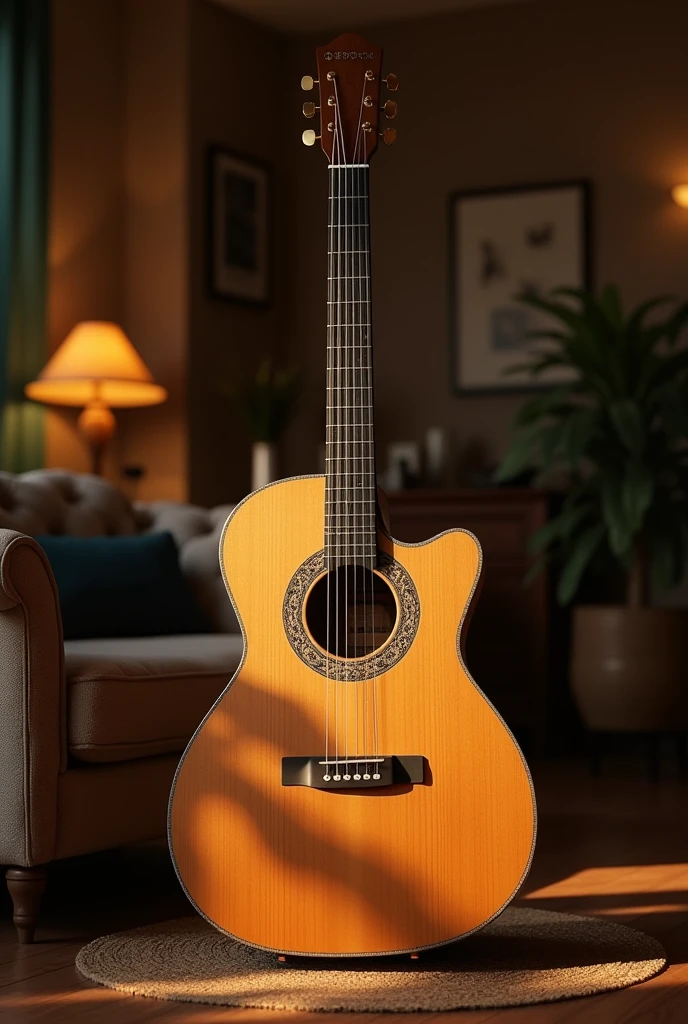 A wooden-colored Spanish acoustic guitar