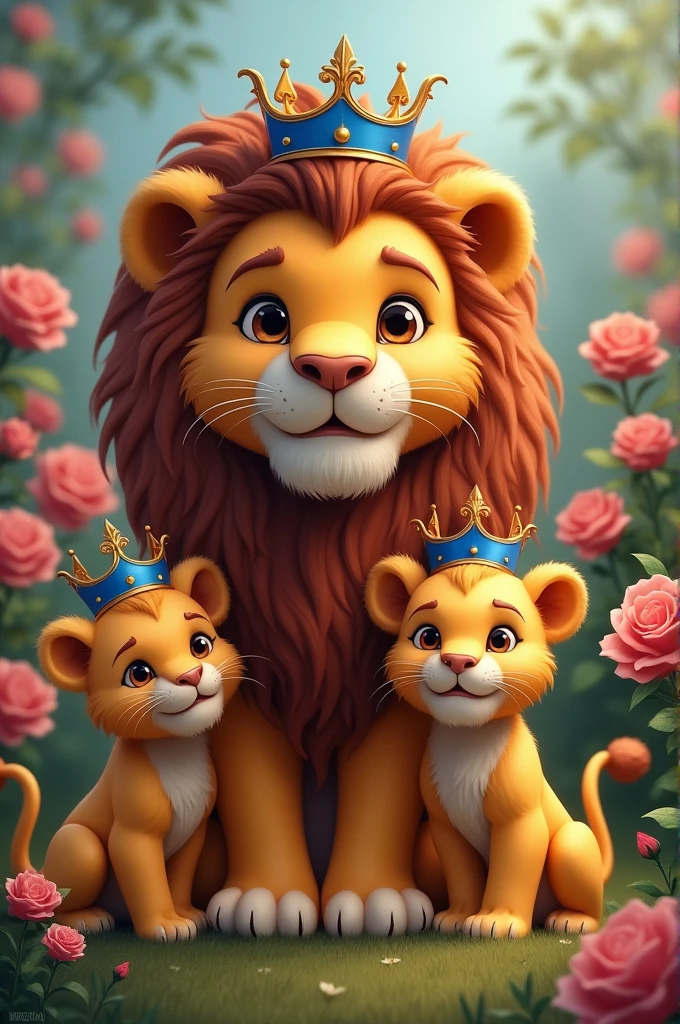 Lion with crown and two cubs with a blue crown each, In a rose garden
