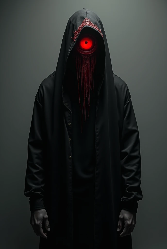 Man wearing a black outfit, on her face a black veil with the design of a red eye, fundo cinza