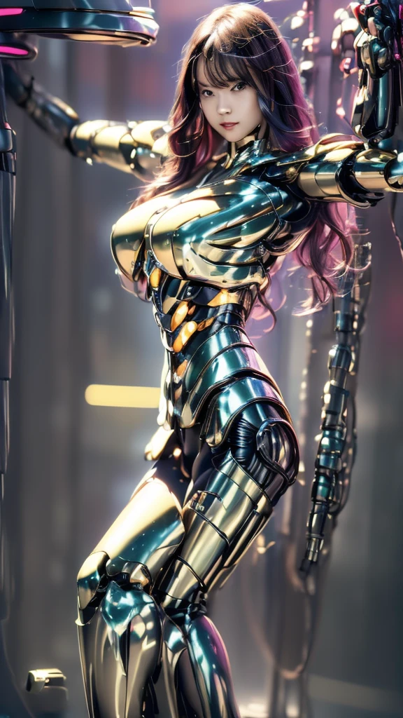 Highest quality, masterpiece, figure, (Realistic, photo-Realistic:1.37), wonderful, In detail, Incredibly absurd, Large file size, Very detailed, High resolution, Very detailed CG Unity 8k wallpaper, Very detailed目と顔, Ray Tracing, Browsing Caution, NUDE, One girl, Korean cyborg girl is innocent and young々Has a sly expression. She poses boldly with her arms raised above her head, Revealing her voluptuous figure. She is wearing a small black mecha armor top that barely covers her breasts., Exposing most of her flawless skin. Her shoulders and head have more armor detailing.、There are shining highlights, Tech Panels and Mechanisms. She is standing against a futuristic cityscape lit up with vibrant neon lights.、Standing full of energy。.