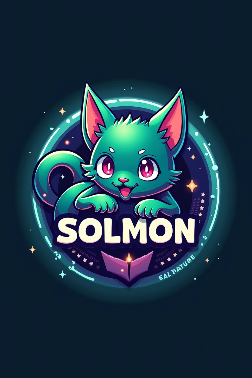 Design a 16:9 Twitter cover banner for 'SOLMON - Solana Monsters' that seamlessly blends modern, playful aesthetics with the essence of elemental-themed creatures. The banner should feature a central circular logo emblem with a stylized cat monster creature, embodying the 'Solana' theme through a vibrant color palette of blues, greens, and purples with glowing accents. The cat creature should reflect an elemental type (e.g., fire, water, earth), capturing both power and cuteness in its design. The circular logo should be positioned prominently in the center of the banner, surrounded by subtle textures or gradients that evoke digital or cosmic elements. The text 'SOLMON' should be displayed boldly within the circular emblem, using rounded typography that is both friendly and adventurous. Extend the design outward from the central logo to include dynamic background elements like digital sparks, stars, waves, or abstract shapes that enhance the banner's otherworldly, magical atmosphere. The overall design should be clean, balanced, and visually striking, ensuring it stands out as a captivating and cohesive Twitter cover that aligns with the SOLMON branding.