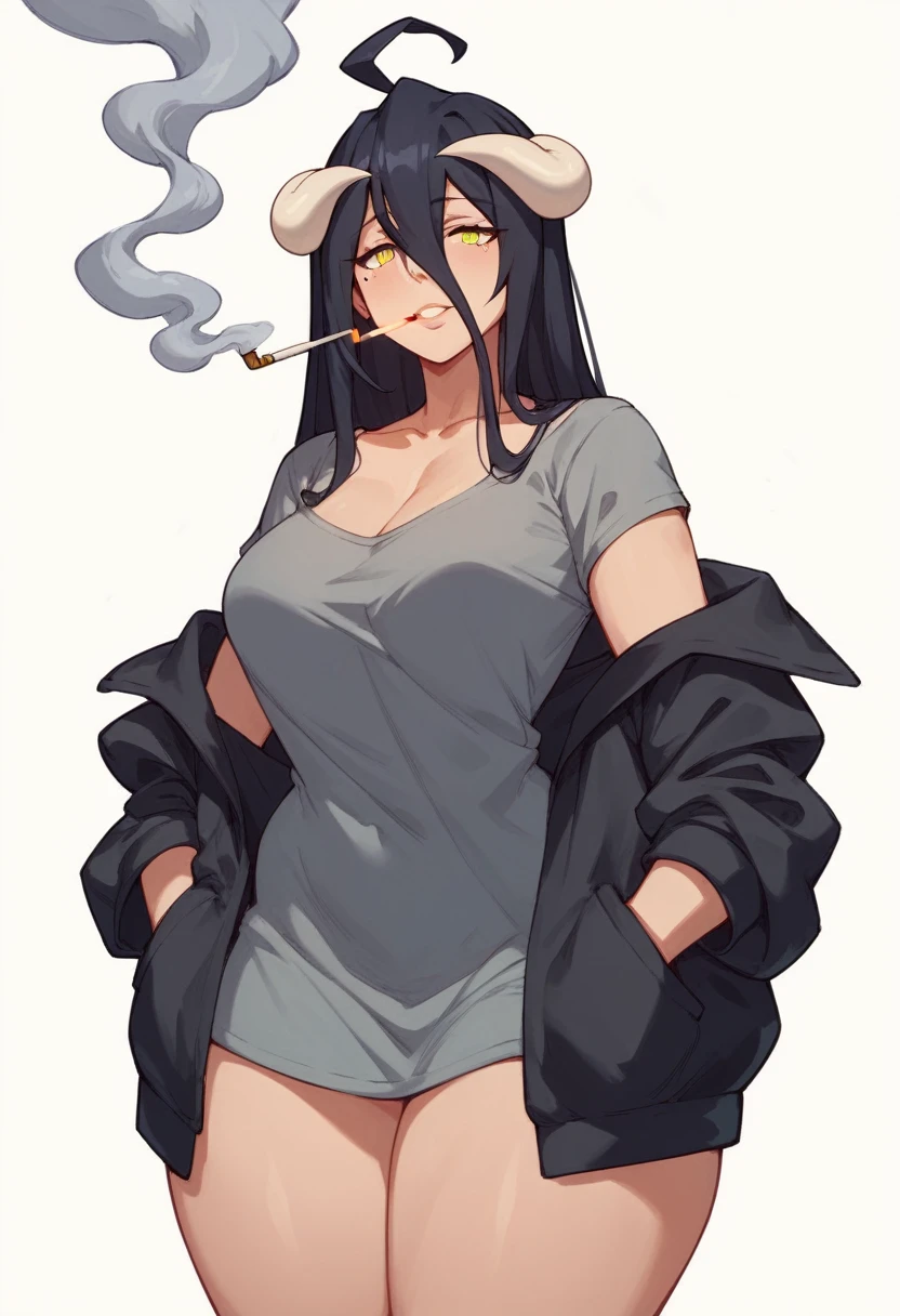 albedo,black hair,curvy body, medium breast,big thighs,wears oversized black jacket,grey shirt,no pants,arms in pocket,smoking cigars,midnight setting,manga art style, nsfw.