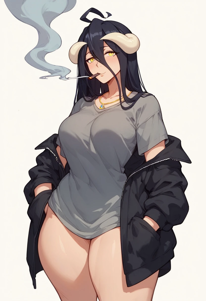 albedo,black hair,curvy body, medium breast,big thighs,wears oversized black jacket,grey shirt,no pants,arms in pocket,smoking cigars,midnight setting,manga art style, nsfw.