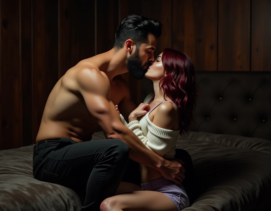 209 cm tall, 29-year-old, muscular attractive man with black short layered swept back wavy crew cut hair, short black facial hair, shirtless, Mediterranean-Native American features, black cargo pants, hip shot, kissing much shorter woman on her knees leaning up to reach his lips, she has very pale skin and wavy vibrant maroon hair wearing white off shoulder sweater and lavender shorts, arms around her back as he sits on the edge of a dark fur covered bed in an underground basement with dark wood panel in low lighting, photorealistic, cinematic