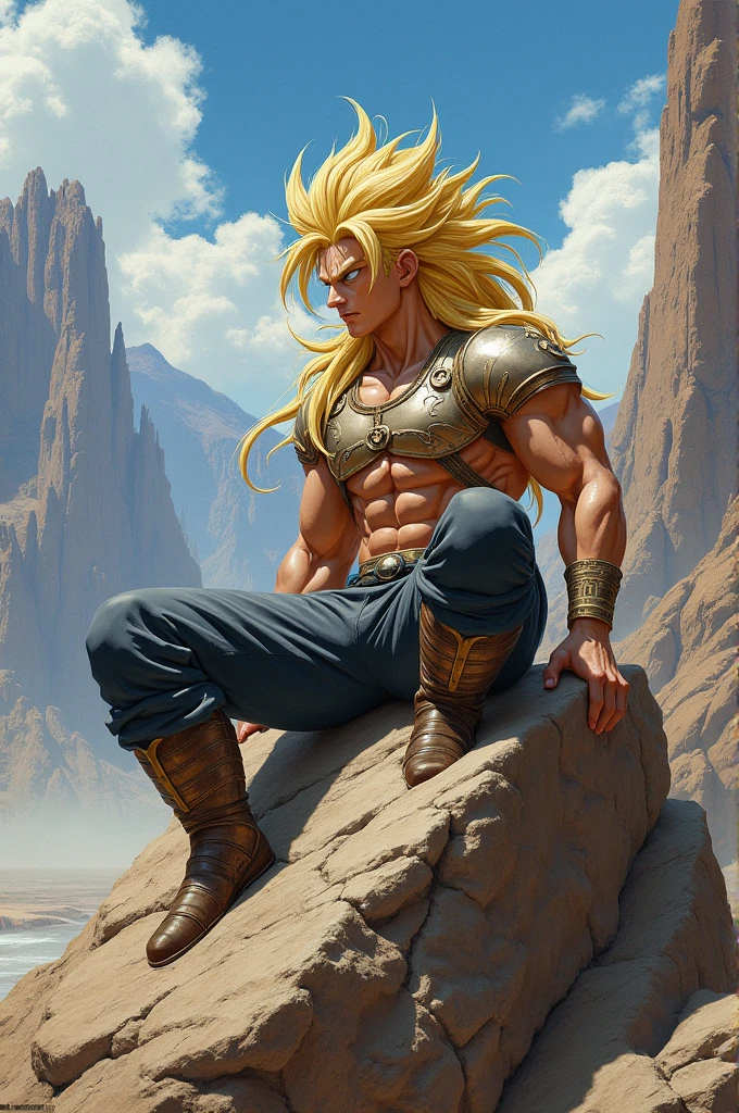 A blonde haired Saiyan sitting on a rock looking up