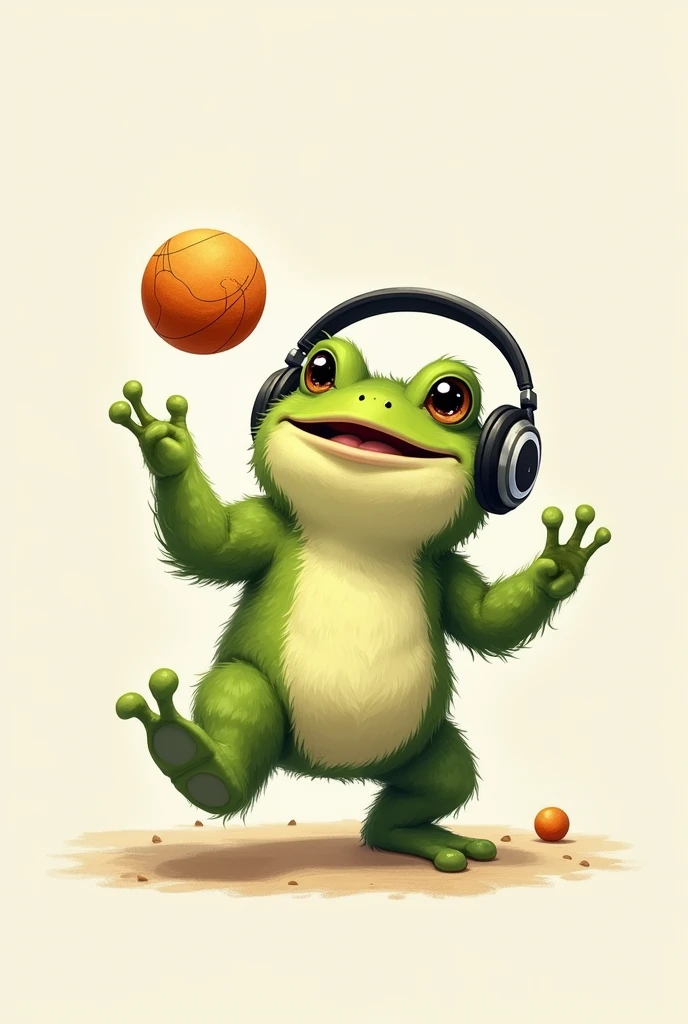 Cute drawing of a furry toad with headphones shooting a ball
