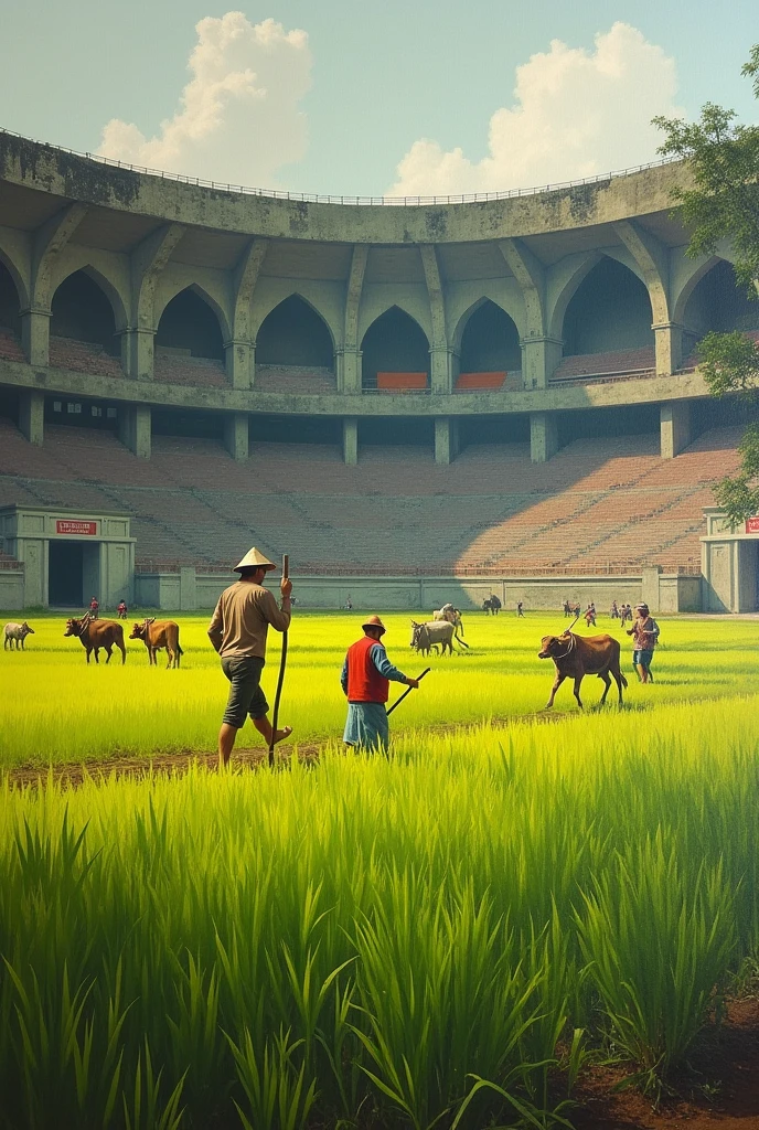 Dasarat satidum of Nepal is only one international stadium of Nepal conditions of stadium is worst can plant paddy there plz make paddy farm with ox and men and women inside stadium please make theme of dasarat stadium 