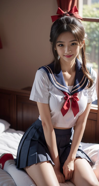 (A youthful gorgeous Japanese idol, wearing Seifuku, Serafuku, school uniform, sailor moon, jk uniform, high-school uniform, pleated mini-skirt, red ribbon, red bowtie, sailor hat, knee-high socks, sitting in cozy bed, legs crossed, night time bedroom,

Easygoing expressions, kind smile, dimpled chins, cute snaggle-tooth, short bob hair ponytail, symmetrical face, realistic detailed face, beautiful detailed eyes, perfect body proportions, hourglass figure, ample round bosoms, medium breasts,

Raw photo, photorealistic, realistic portrait, hyper-realism, high contrast, ultra HD, realistic skin textures, top image quality, top-quality, super high resolution, fine details, very meticulously, masterpiece, vivid colours, medium shot, close-up shot, cowboy shot, High Angle Shot, serene ambience, spot light, bokeh_night_background, SFW, Safe For Work)